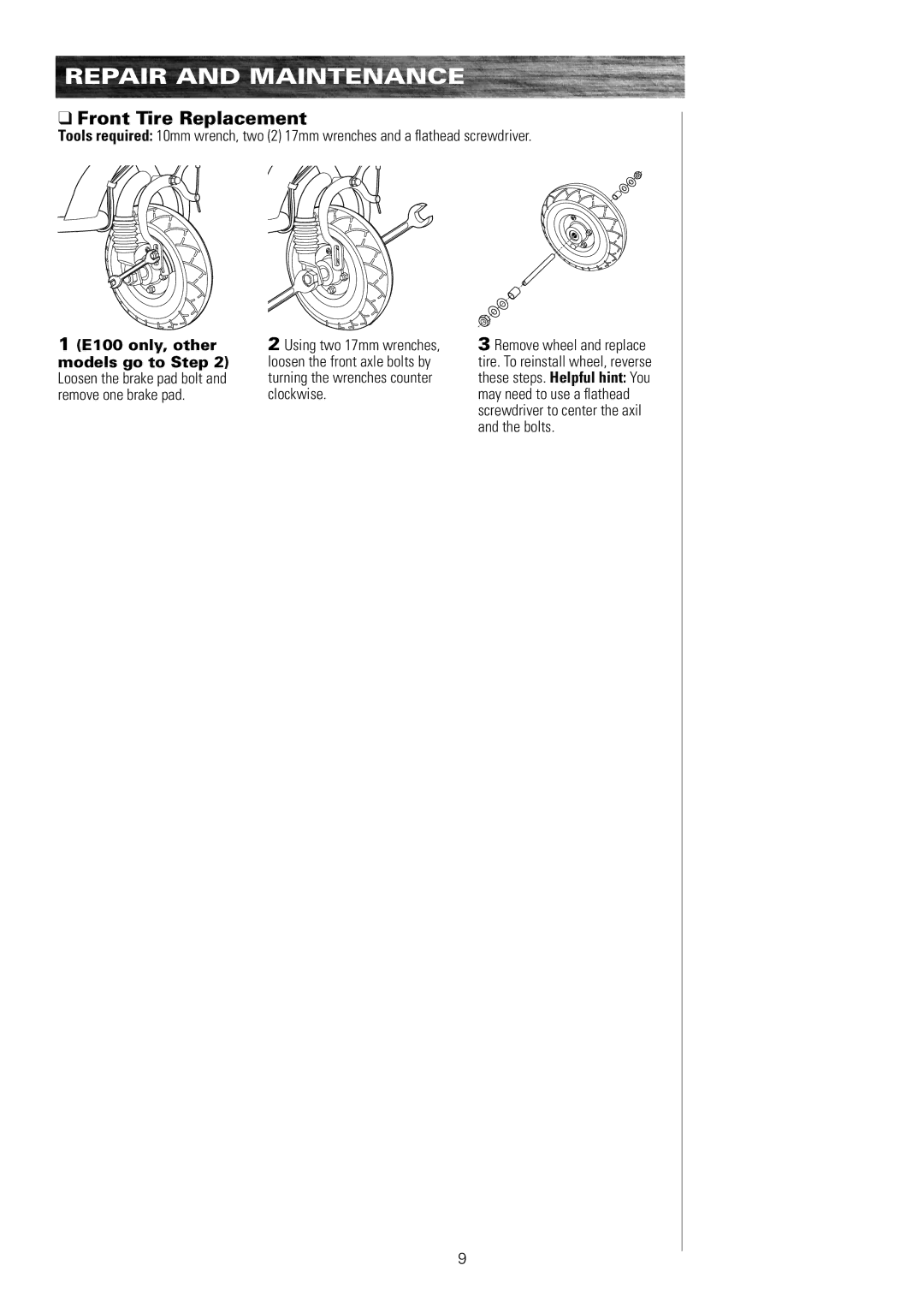 Razor E100, E325S 13116390, E300, E200, E150 owner manual Front Tire Replacement 