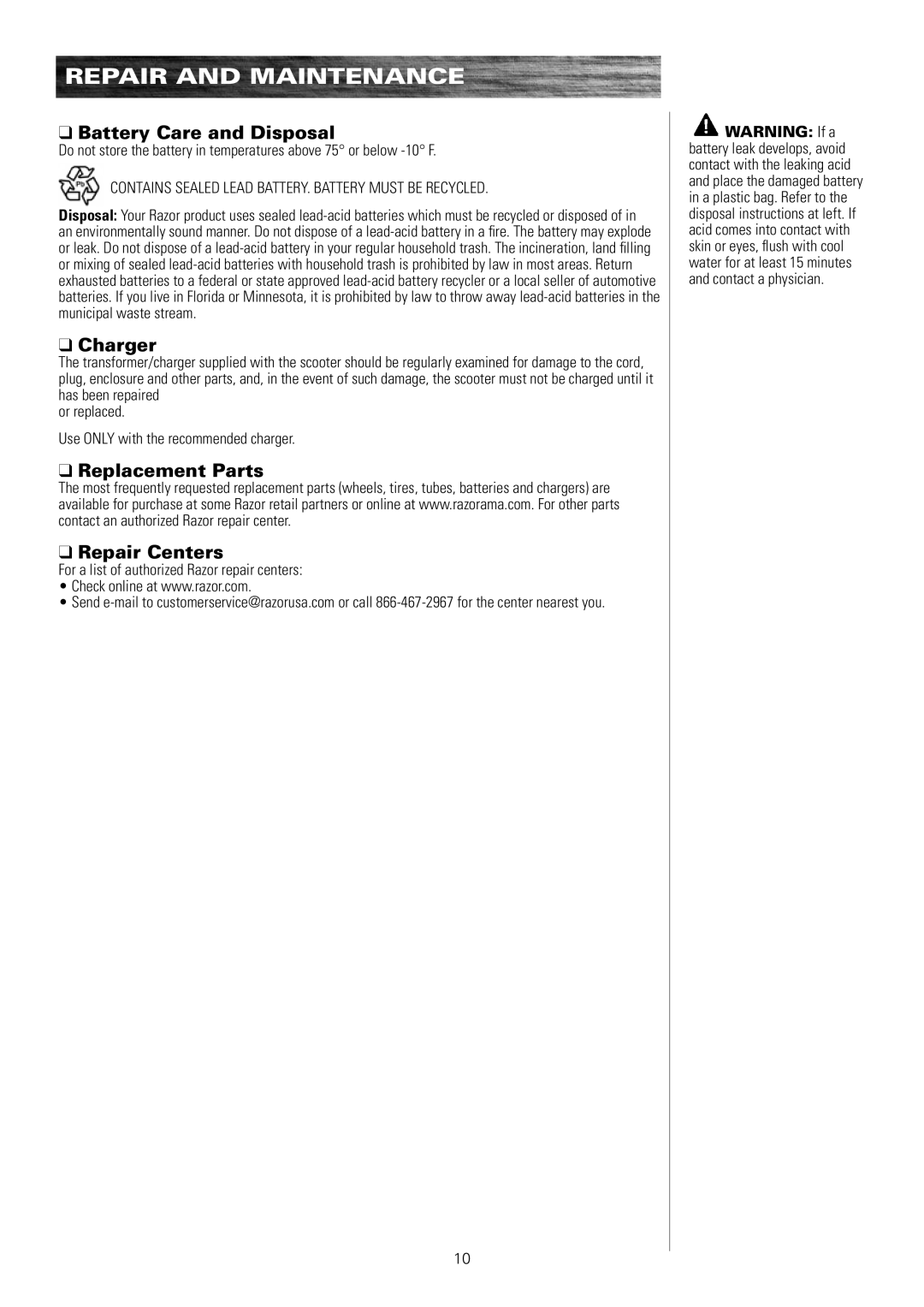 Razor E325S 13116390, E100, E300, E200, E150 owner manual Battery Care and Disposal, Charger, Replacement Parts Repair Centers 