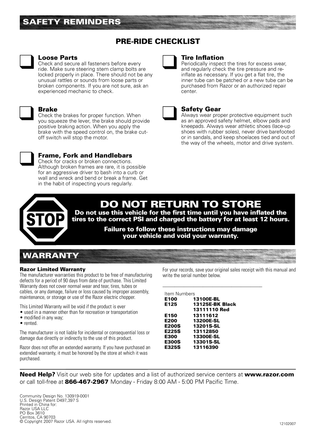 Razor E150, E100 Safety reminders, Warranty, Loose Parts Tire Inflation, Brake Safety Gear, Frame, Fork and Handlebars 