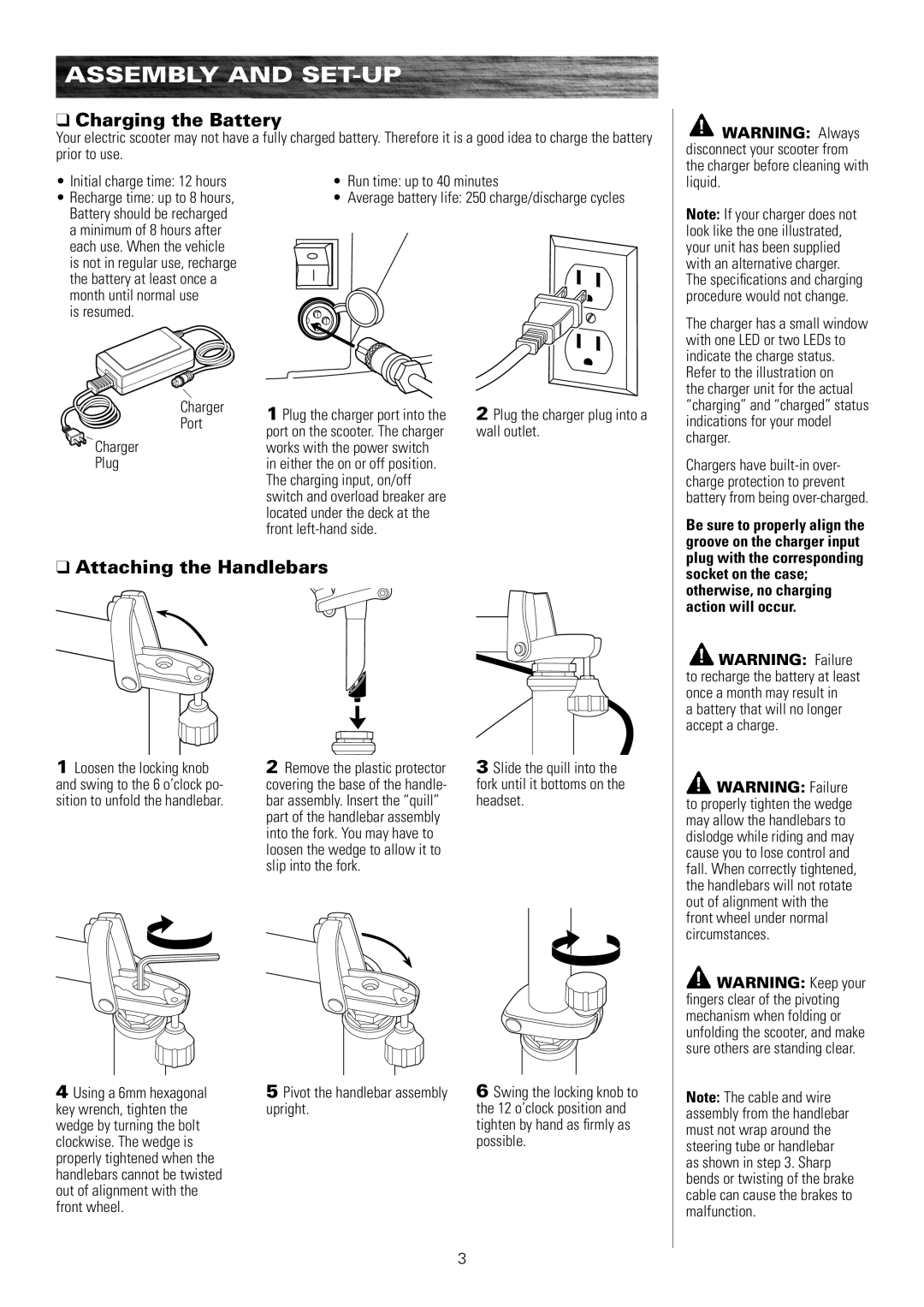 Razor E150, E100, E325S 13116390, E300 Assembly and Set-Up, Charging the Battery, Attaching the Handlebars, Charger Plug 