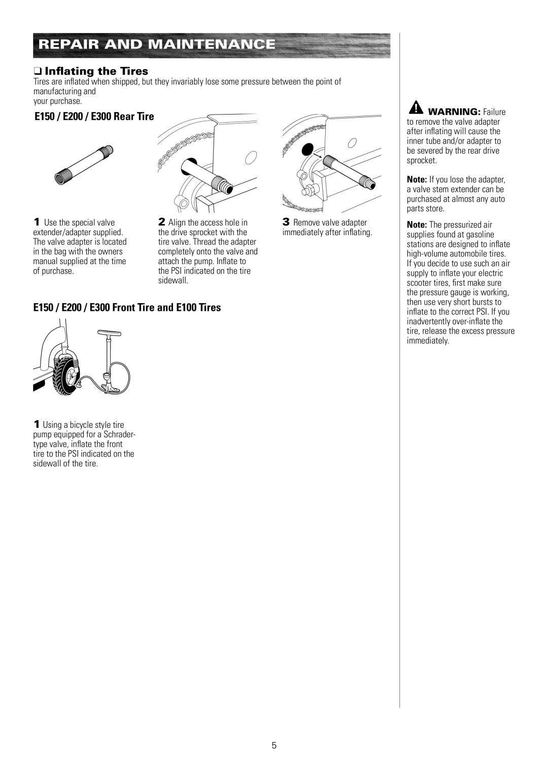 Razor E325S 13116390 Inflating the Tires, E150 / E200 / E300 Rear Tire, E150 / E200 / E300 Front Tire and E100 Tires 