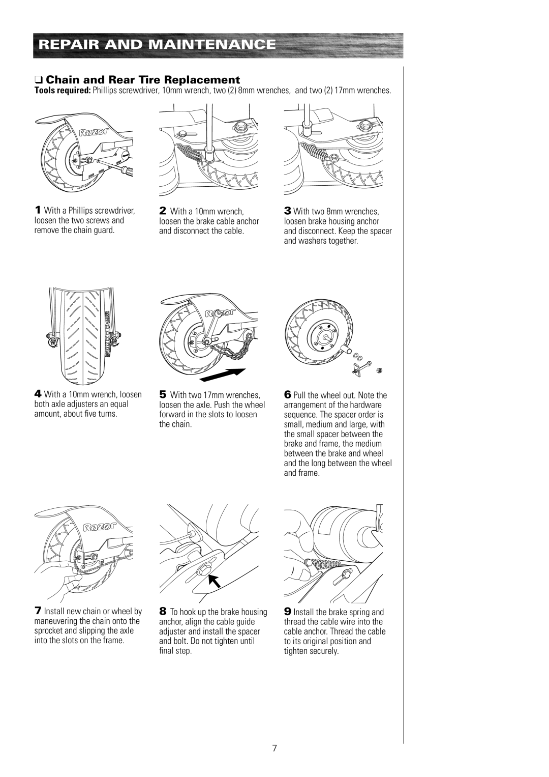 Razor E200, E100, E325S 13116390, E300, E150 owner manual Chain and Rear Tire Replacement 