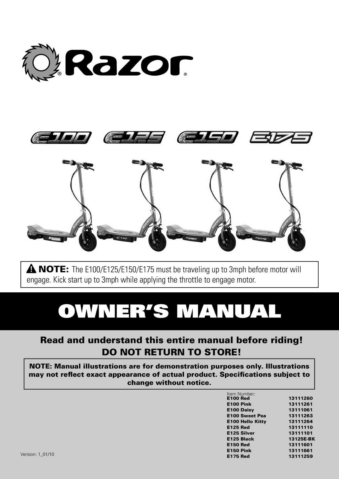 Razor E100 owner manual Do not Return to Store 