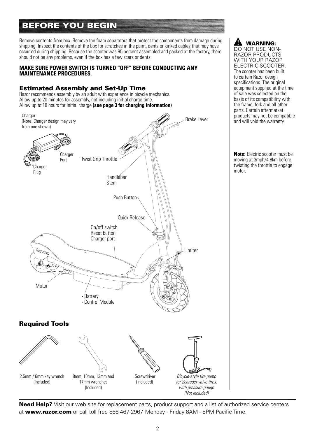 Razor E100 owner manual Before You Begin, Estimated Assembly and Set-Up Time, Required Tools 