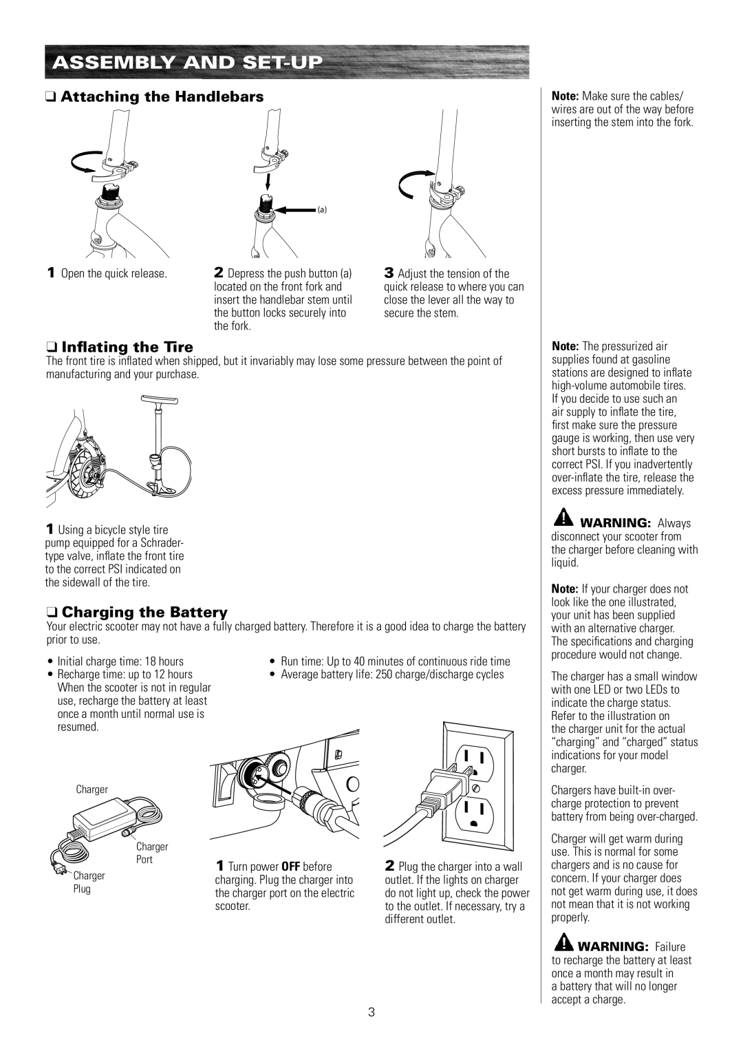 Razor E100 owner manual Assembly and Set-Up, Attaching the Handlebars, Inflating the Tire, Charging the Battery 