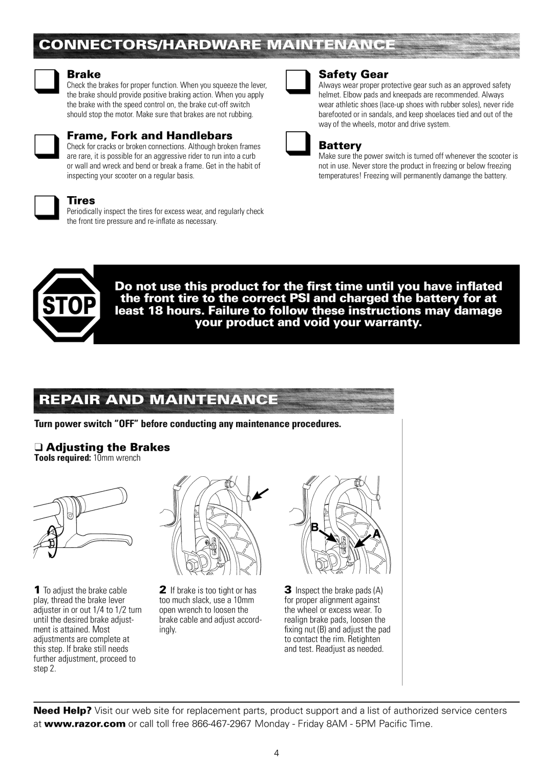 Razor E100 owner manual Repair and Maintenance 