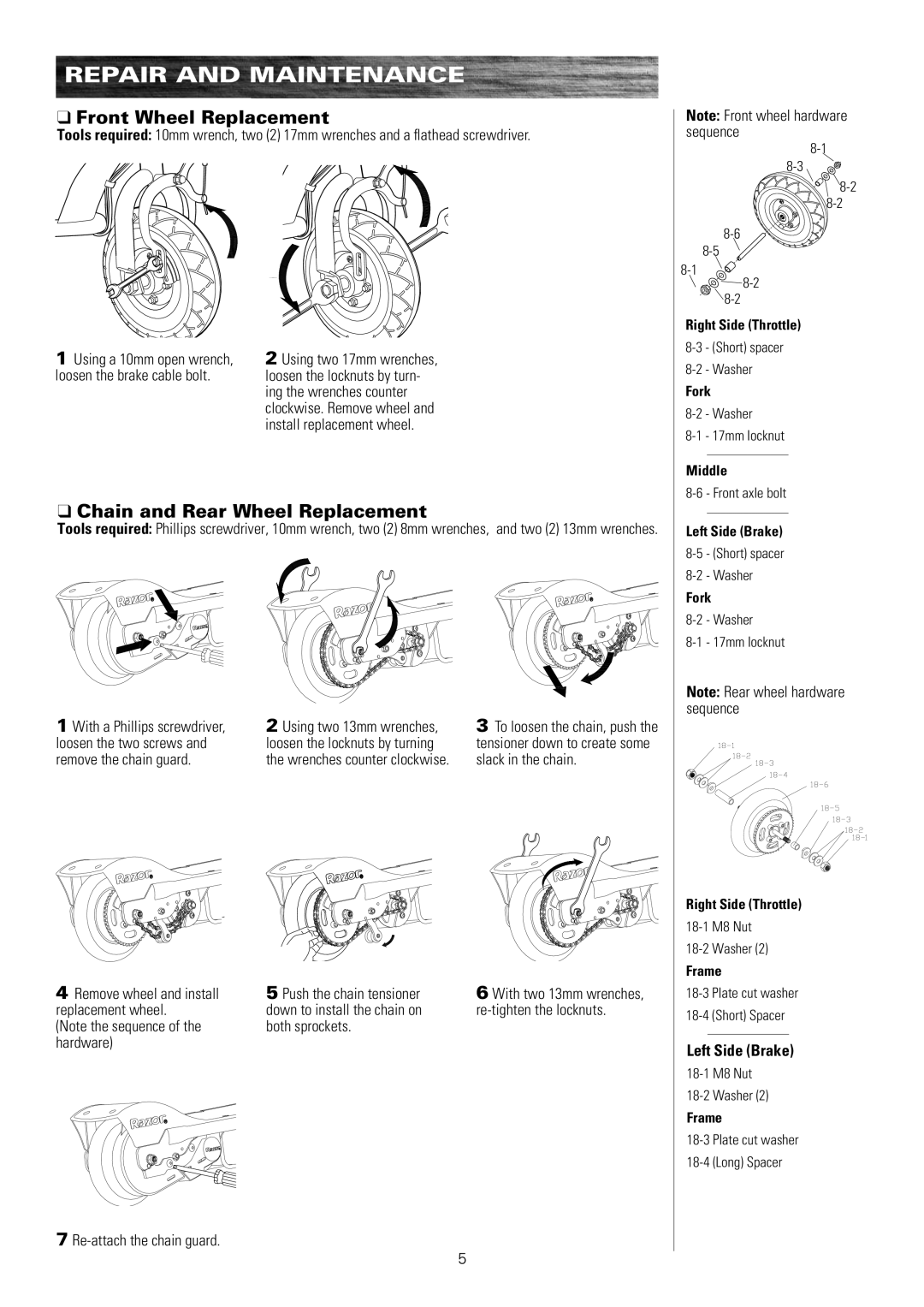 Razor E100 owner manual Front Wheel Replacement, Chain and Rear Wheel Replacement 