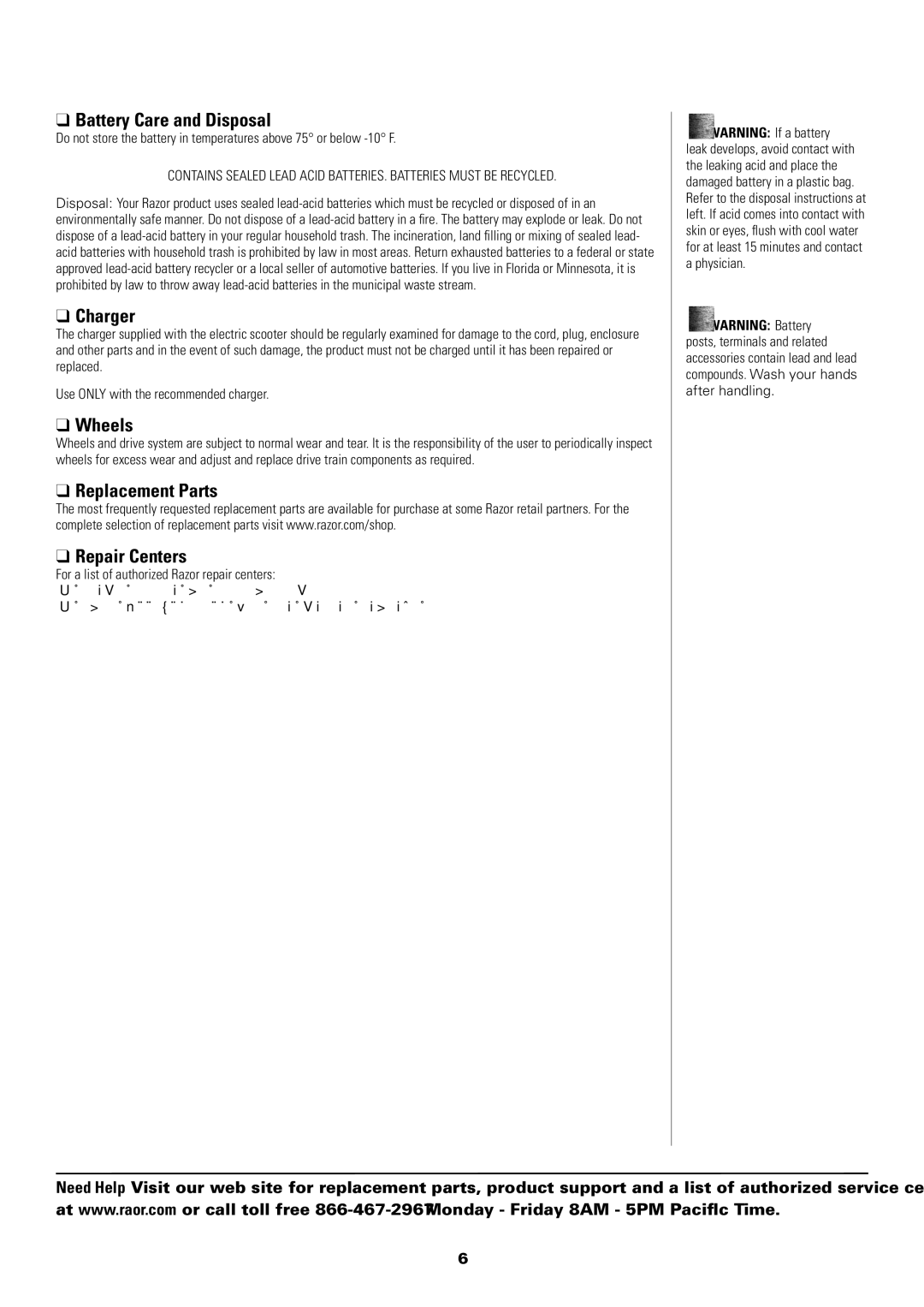 Razor E100 owner manual Battery Care and Disposal, Charger, Wheels, Replacement Parts Repair Centers 