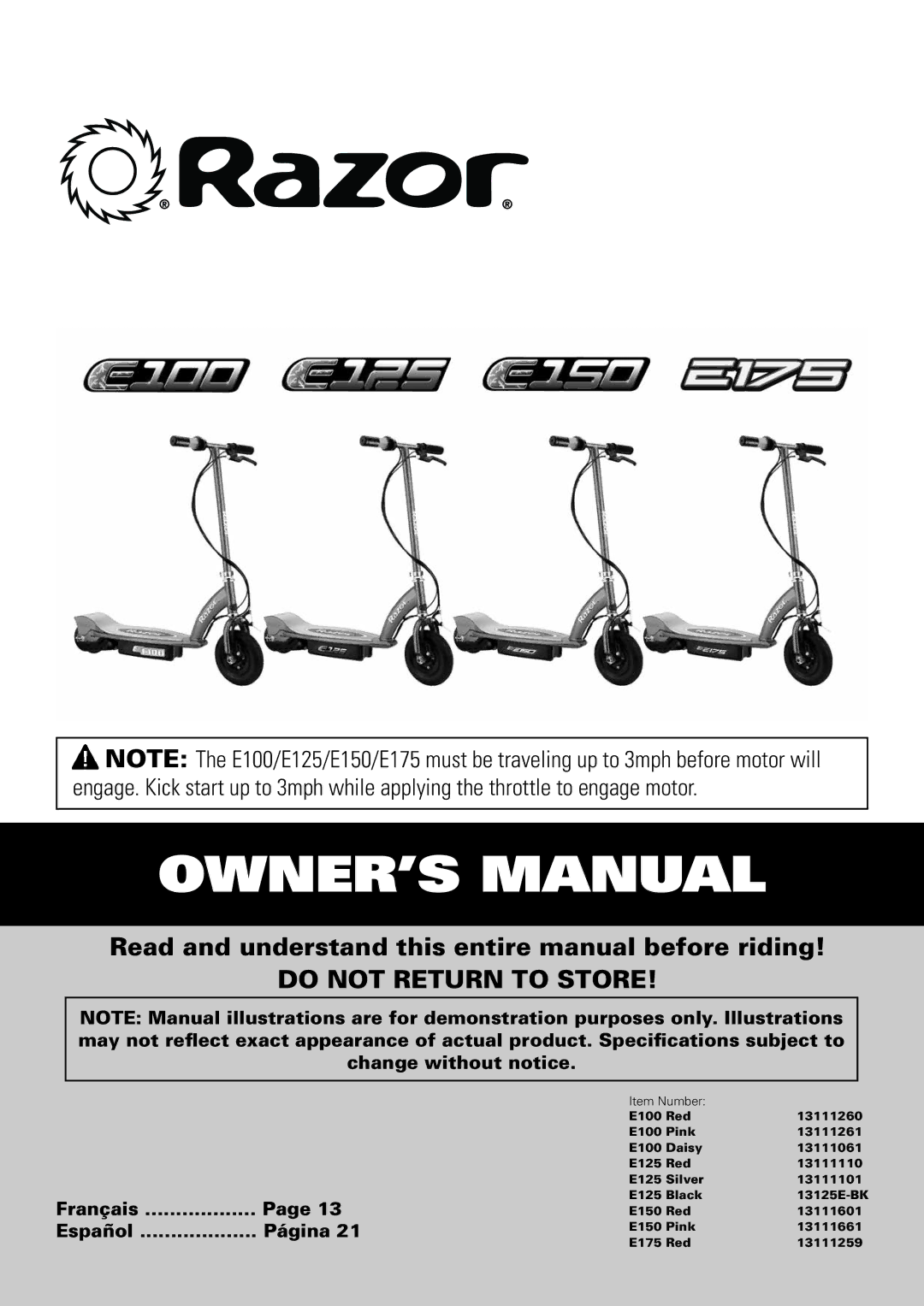 Razor E175 owner manual Do not Return to Store, Français Español Página 