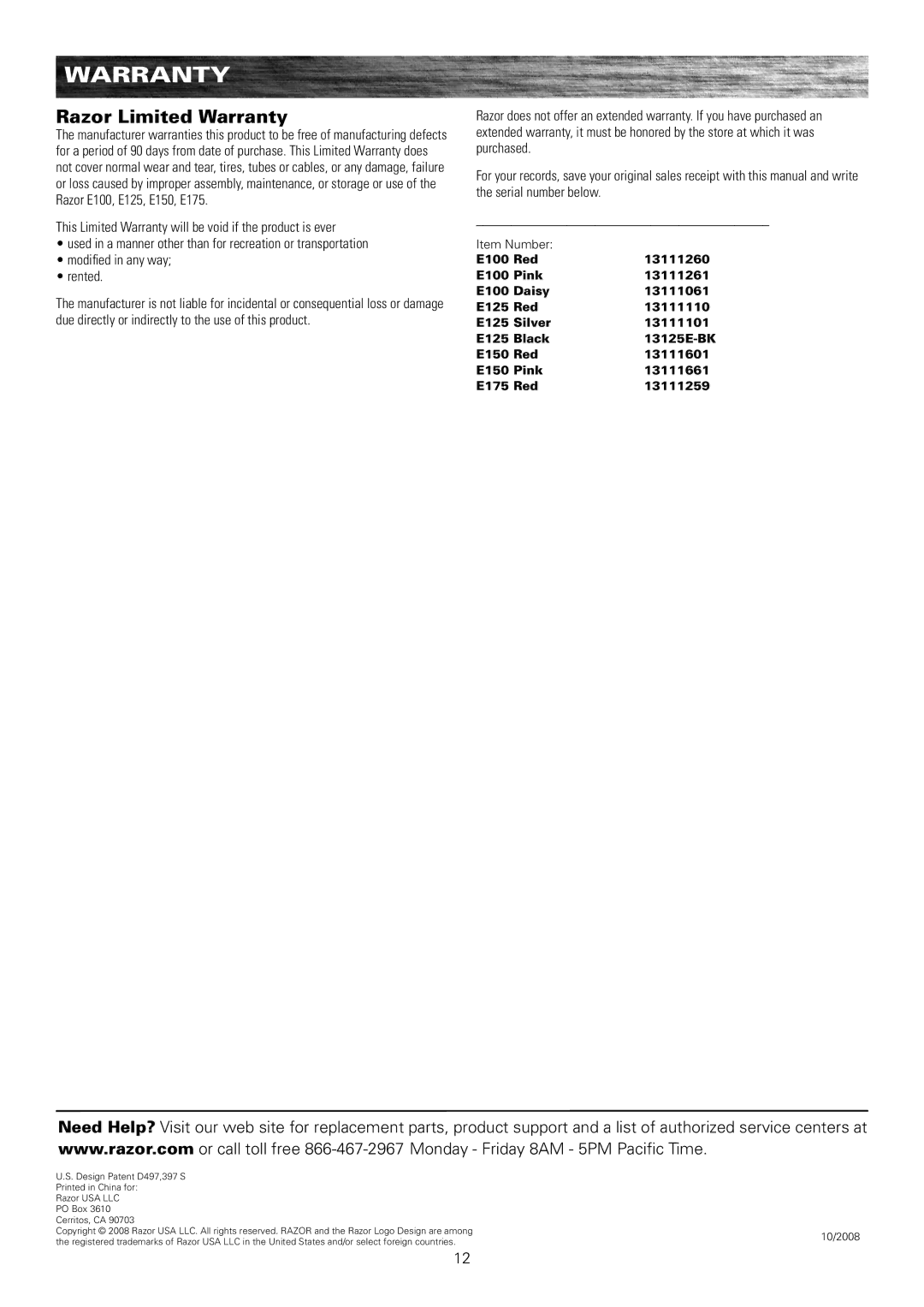 Razor E175 owner manual Razor Limited Warranty 