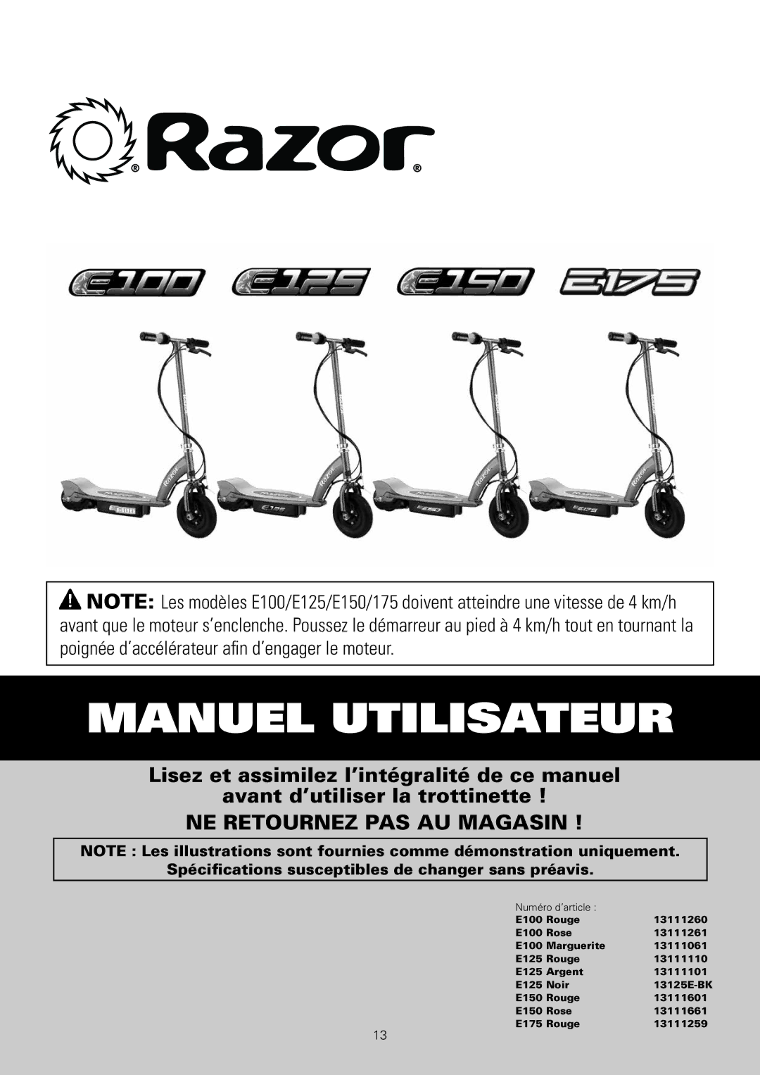 Razor E175 owner manual Manuel Utilisateur, Spécifications susceptibles de changer sans préavis 