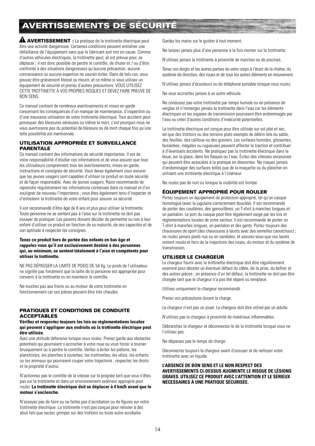 Razor E175 owner manual Avertissements DE Sécurité, Gardez les mains sur le guidon à tout moment 