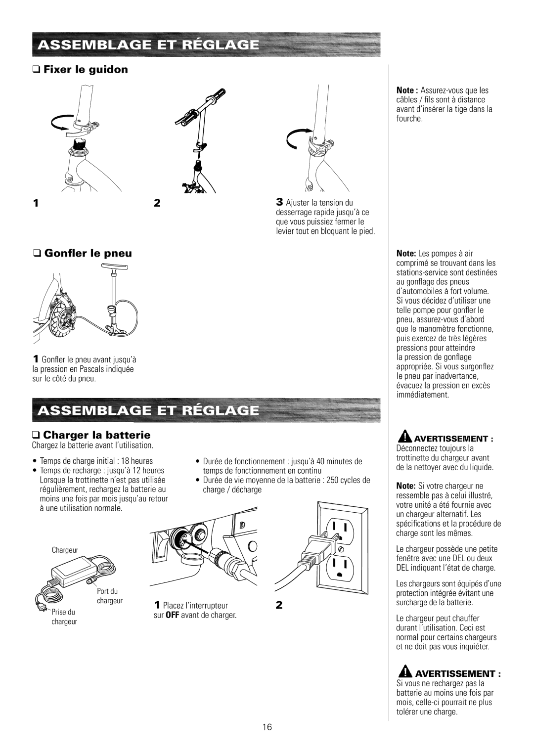 Razor E175 owner manual Assemblage ET Réglage, Fixer le guidon, Gonfler le pneu, Charger la batterie 