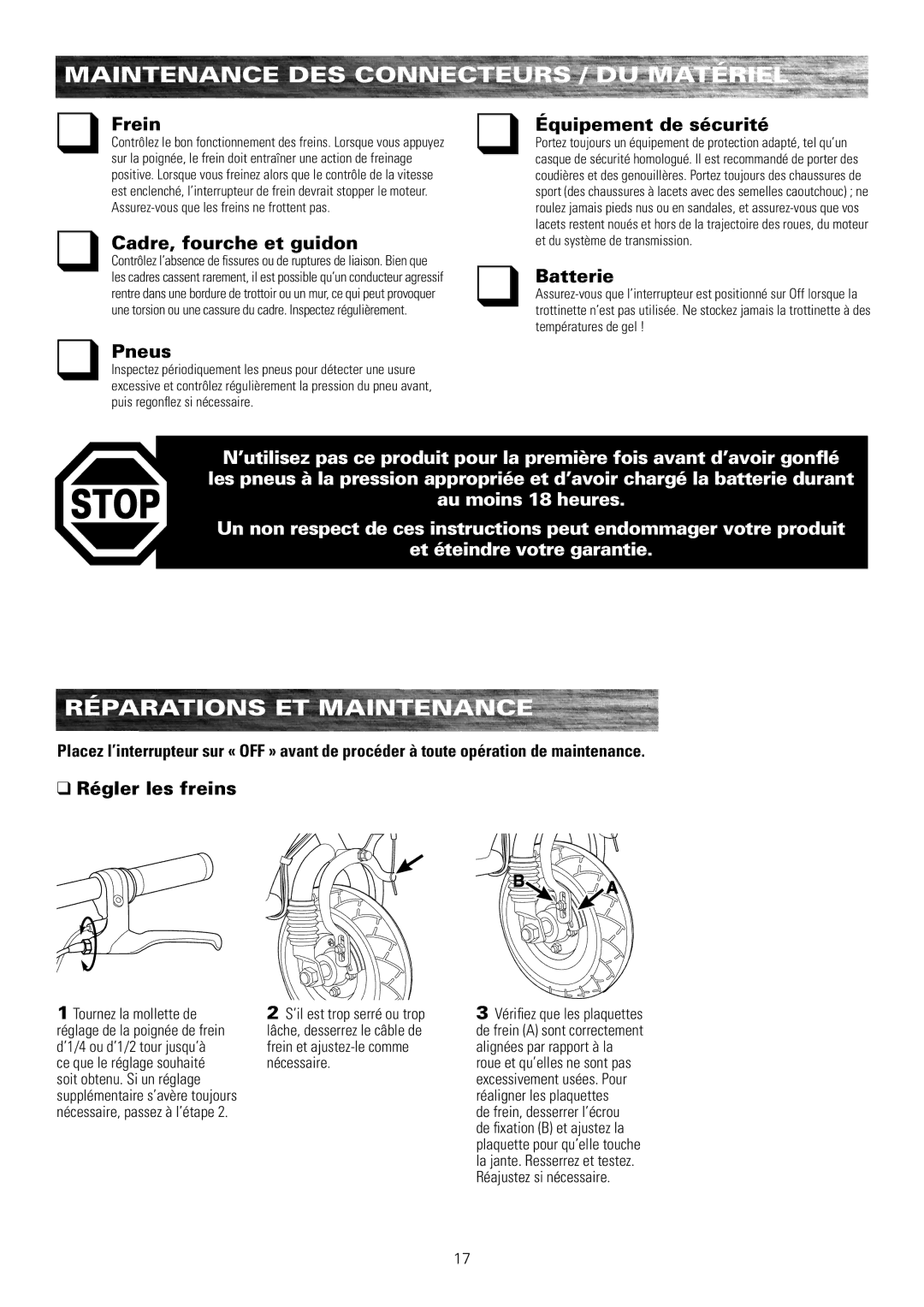 Razor E175 owner manual Maintenance DES Connecteurs / DU Matériel, Réparations et maintenance 