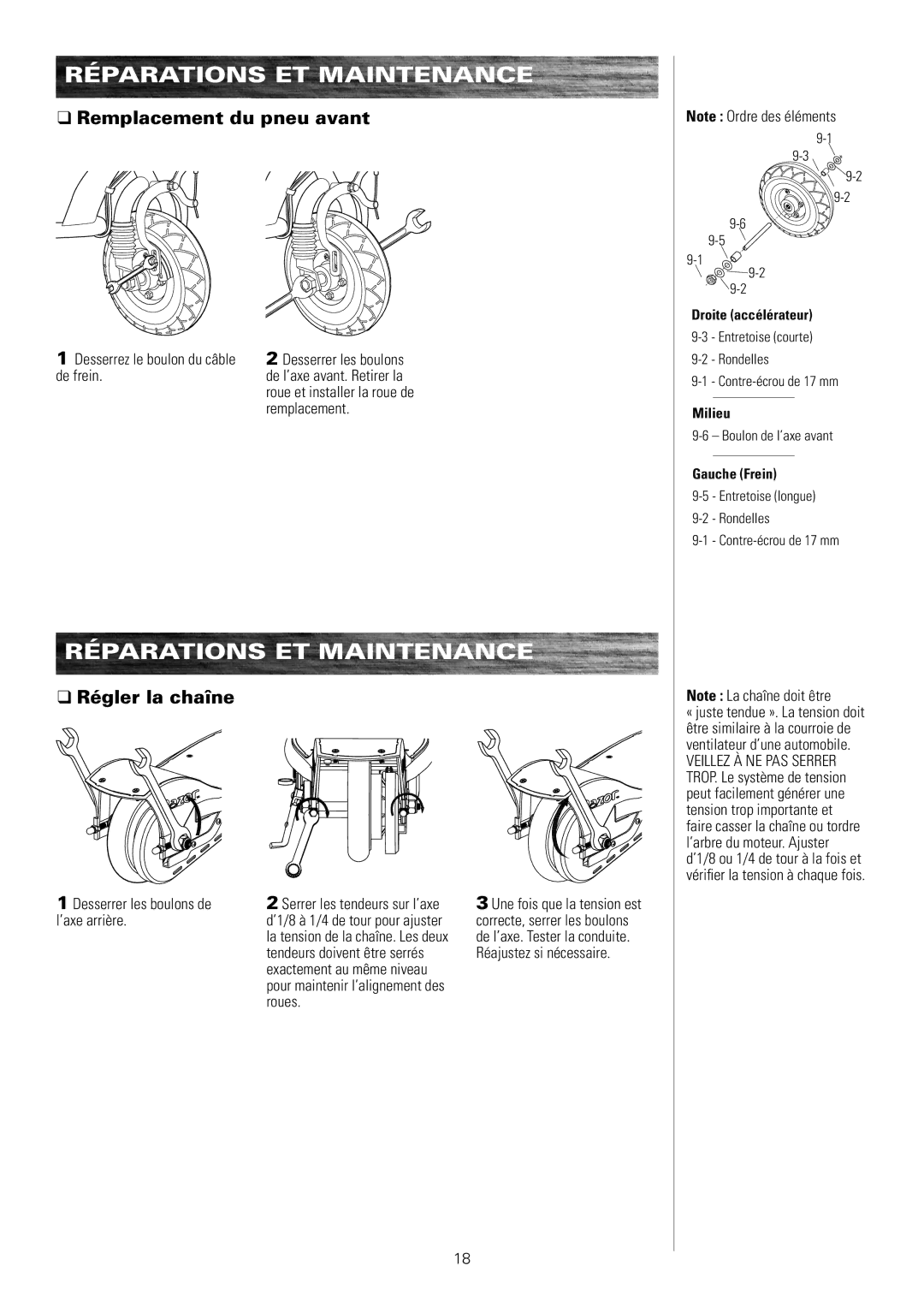 Razor E175 owner manual Remplacement du pneu avant, Régler la chaîne 