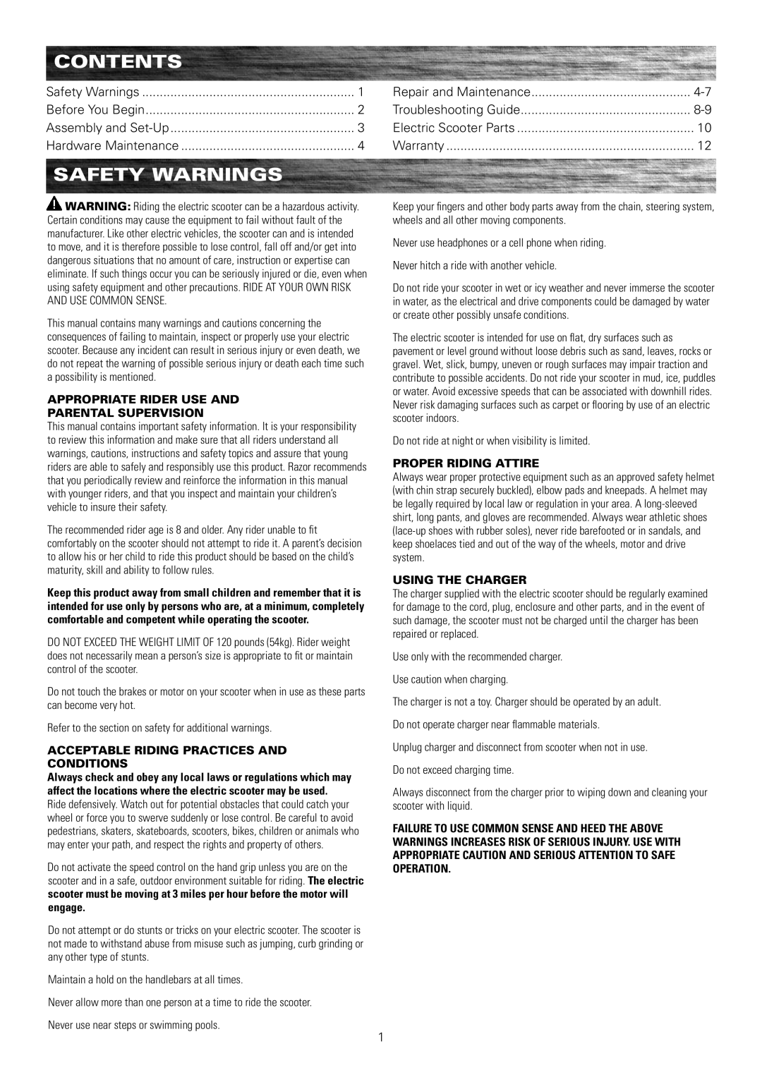 Razor E175 owner manual Contents, Safety Warnings, Do not ride at night or when visibility is limited 