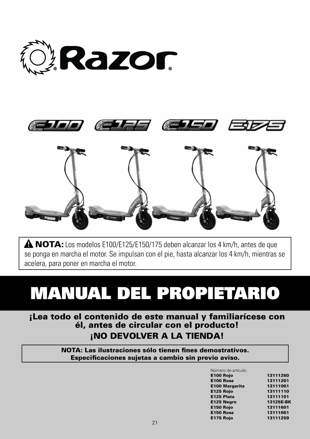 Razor E175 owner manual Manual DEL Propietario 