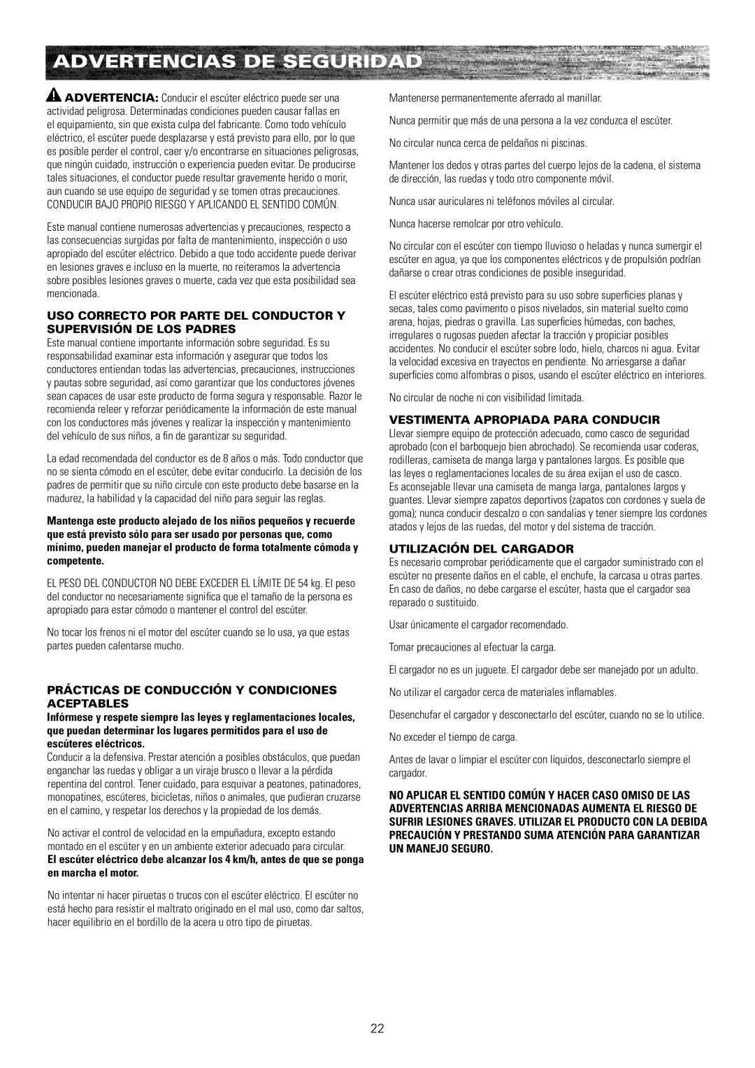 Razor E175 owner manual Advertencias DE Seguridad, No circular de noche ni con visibilidad limitada 