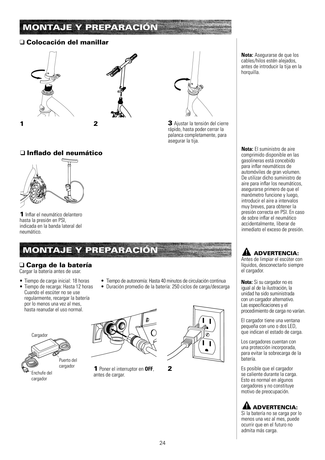 Razor E175 owner manual Montaje Y Preparación, Colocación del manillar, Inflado del neumático, Carga de la batería 