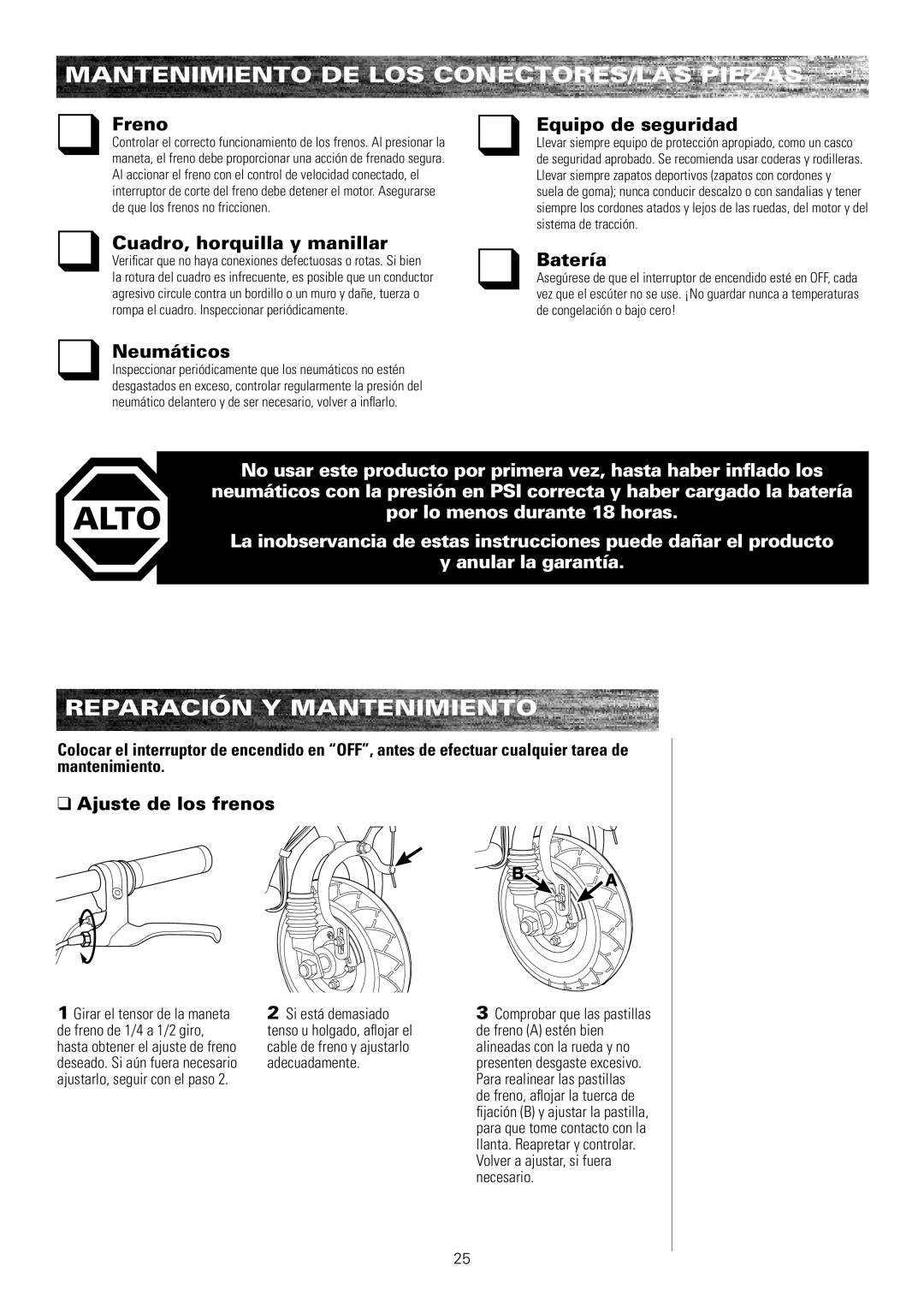 Razor E175 owner manual Mantenimiento DE LOS CONECTORES/LAS Piezas, Reparación y mantenimiento 