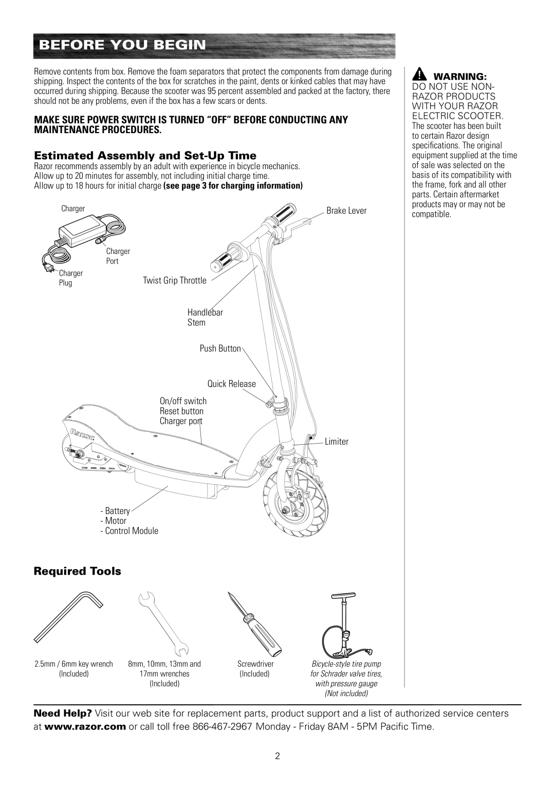 Razor E175 owner manual Before You Begin, Estimated Assembly and Set-Up Time, Required Tools 