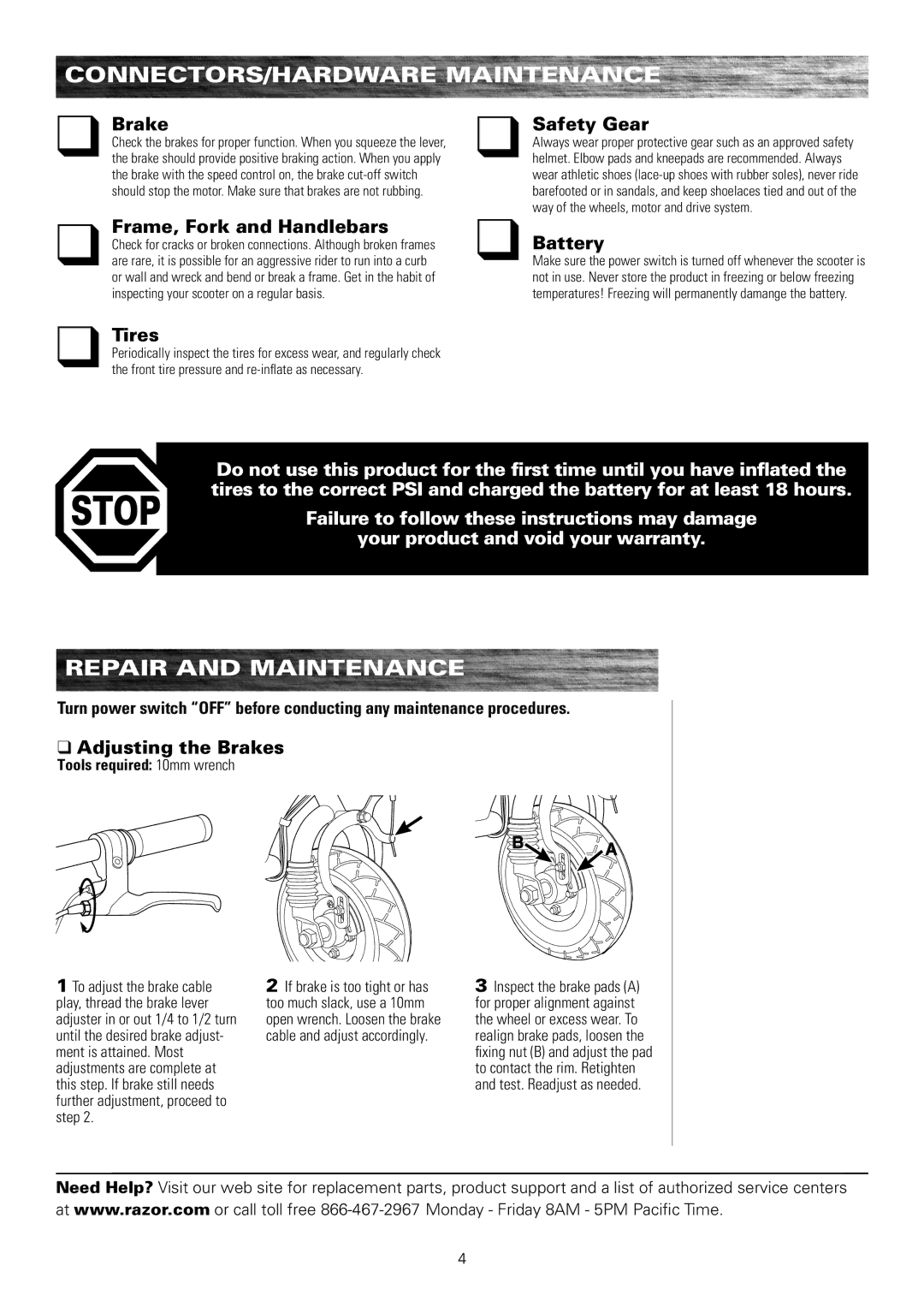 Razor E175 owner manual CONNECTORS/HARDWARE Maintenance, Repair and Maintenance 