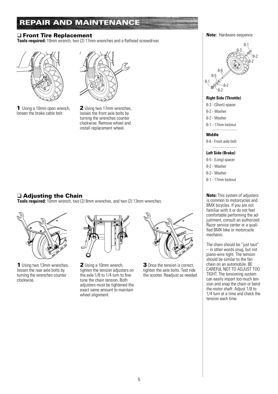 Razor E175 owner manual Front Tire Replacement, Adjusting the Chain 