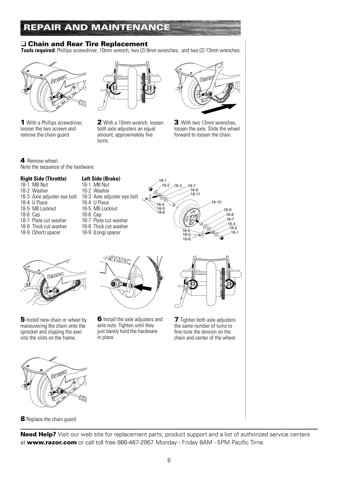 Razor E175 owner manual Chain and Rear Tire Replacement 