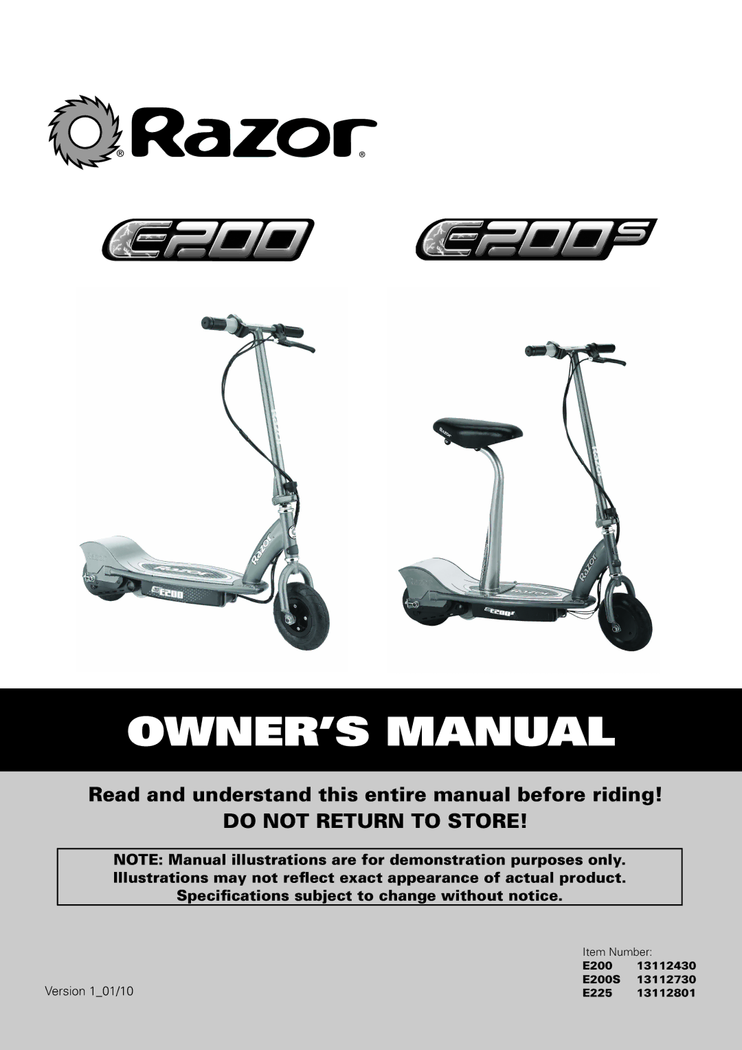 Razor E200 owner manual Do not Return to Store, Specifications subject to change without notice 