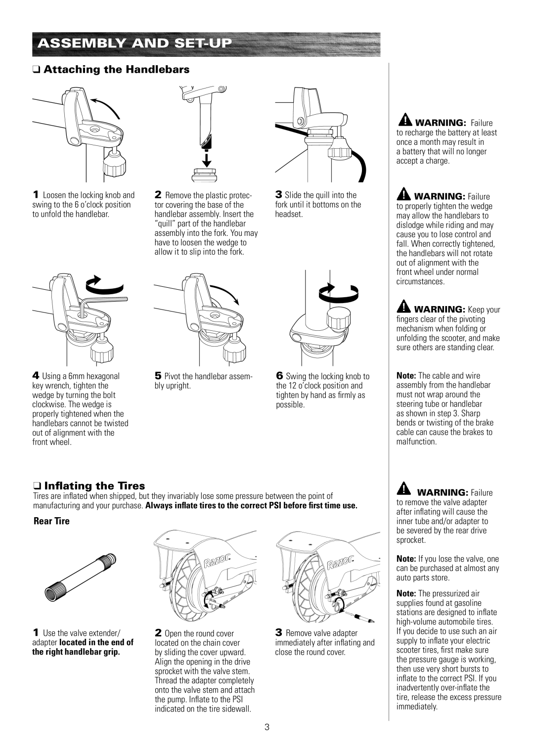 Razor E200 Assembly and Set-Up, Attaching the Handlebars, Inflating the Tires, Battery that will no longer accept a charge 