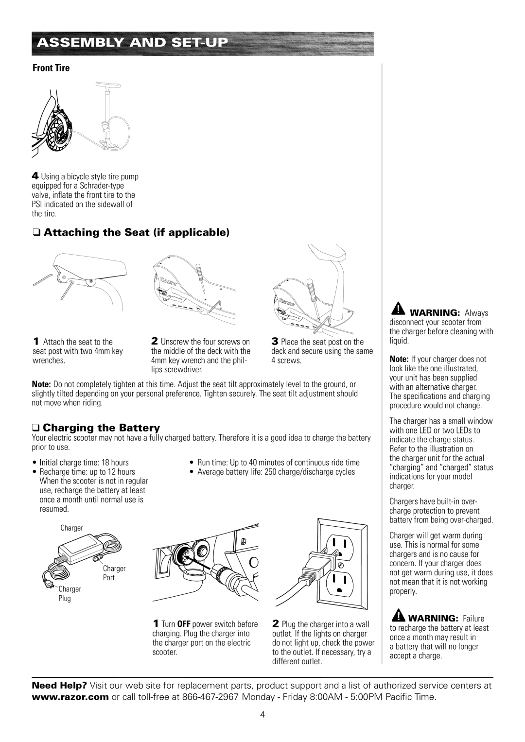 Razor E200 owner manual Attaching the Seat if applicable, Charging the Battery 