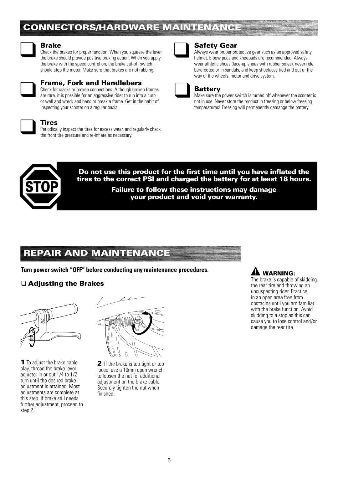 Razor E200 owner manual Repair and Maintenance 