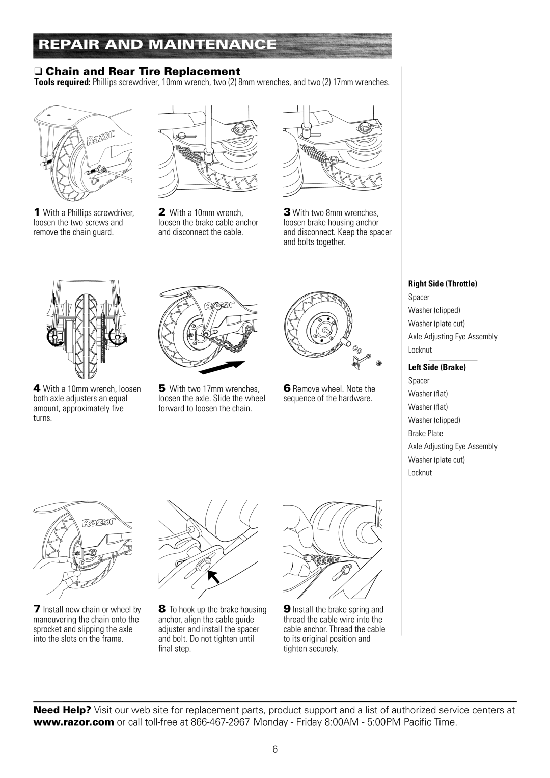 Razor E200 owner manual Chain and Rear Tire Replacement 