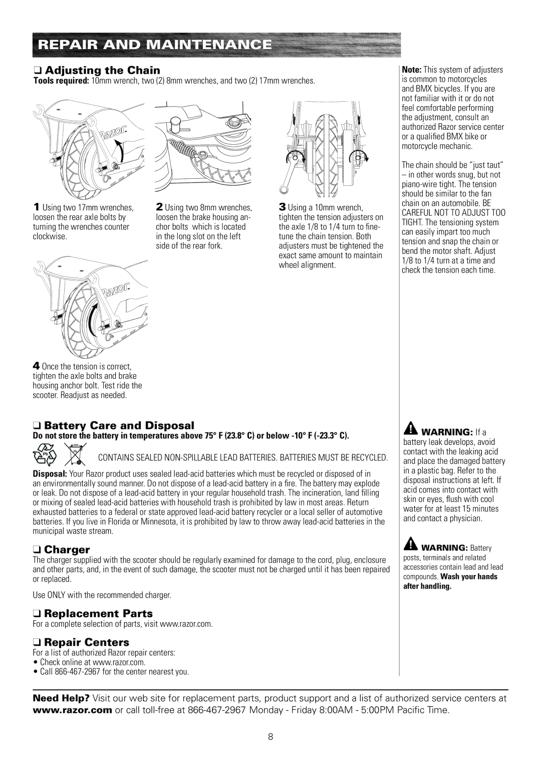 Razor E200 owner manual Adjusting the Chain, Battery Care and Disposal, Charger, Replacement Parts Repair Centers 