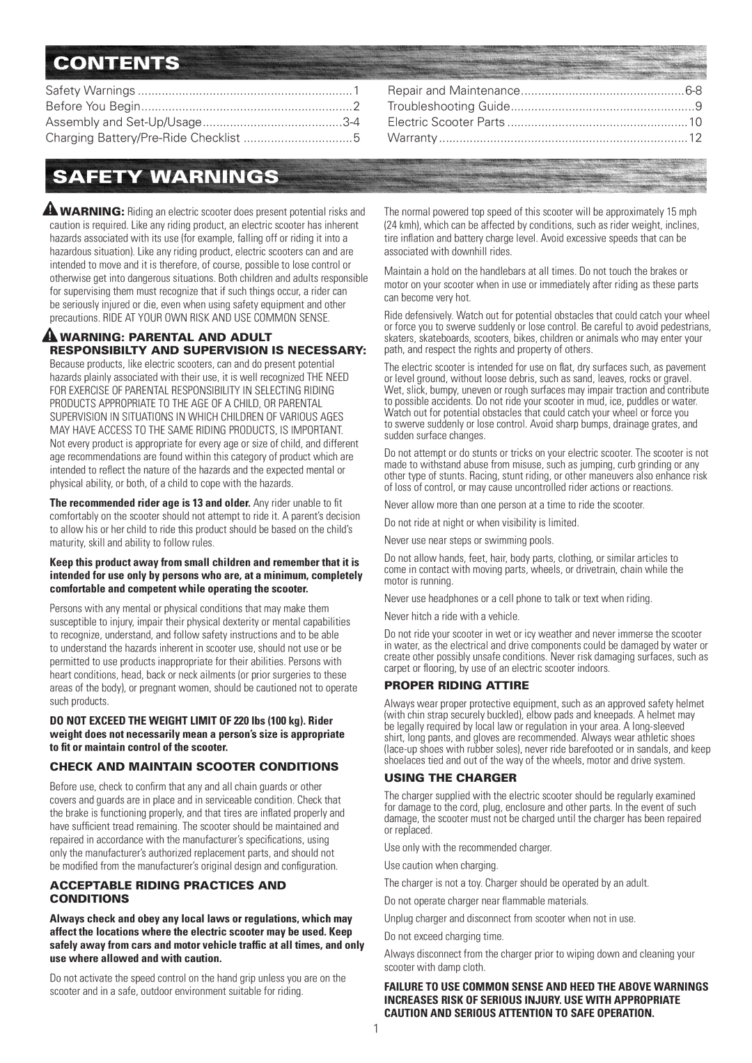 Razor E300s owner manual Contents, Safety Warnings 