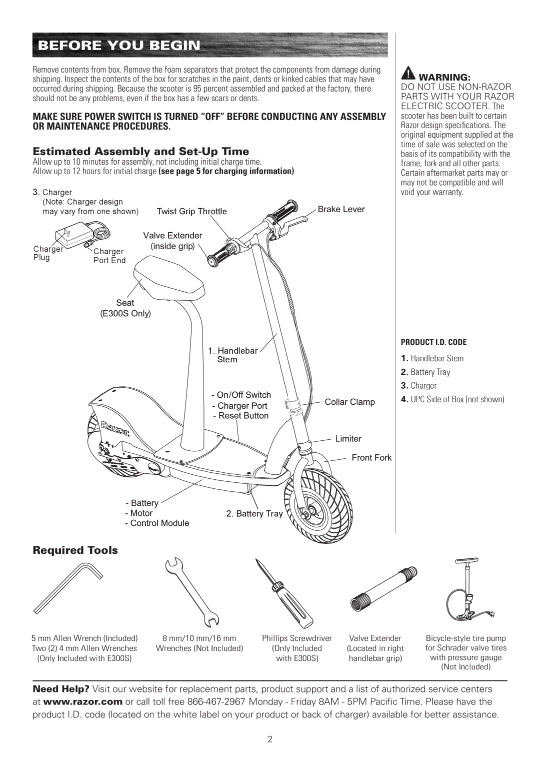 Razor E300s Before YOU Begin, Estimated Assembly and Set-Up Time, Required Tools, Handlebar Stem Battery Tray 