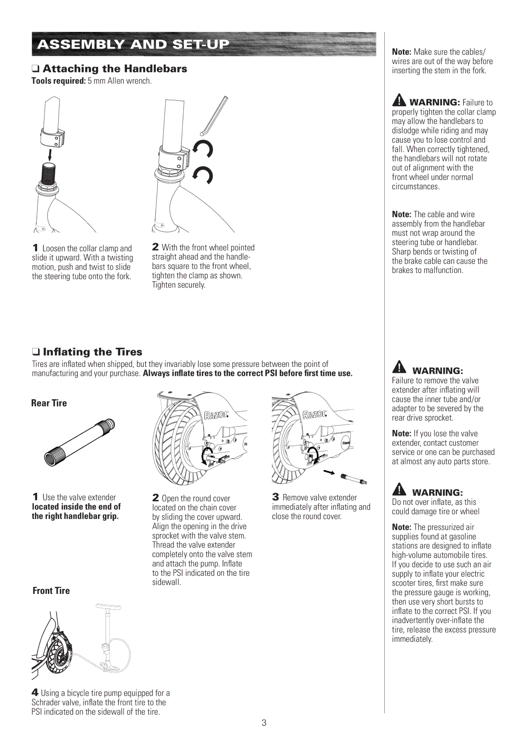 Razor E300s owner manual Assembly and SET-UP, Attaching the Handlebars, Inflating the Tires, Rear Tire, Front Tire 