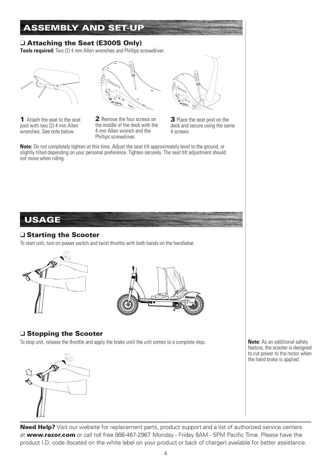 Razor E300s owner manual Usage, Attaching the Seat E300S Only, Starting the Scooter, Stopping the Scooter 