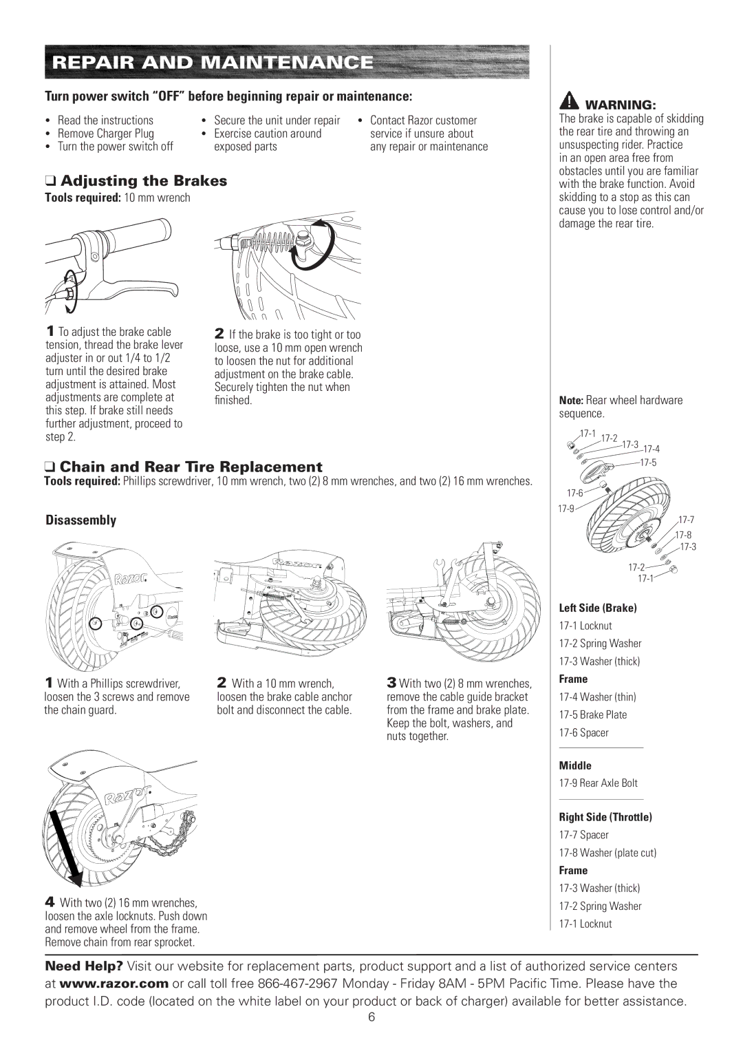 Razor E300s owner manual Repair and Maintenance, Adjusting the Brakes, Chain and Rear Tire Replacement, Disassembly 