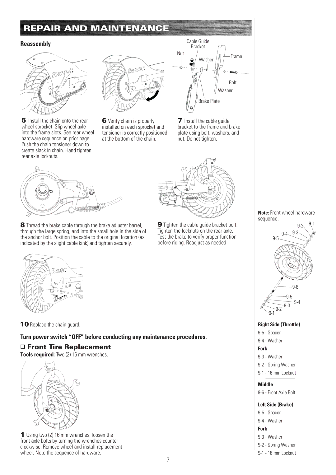 Razor E300s owner manual Front Tire Replacement, Reassembly 