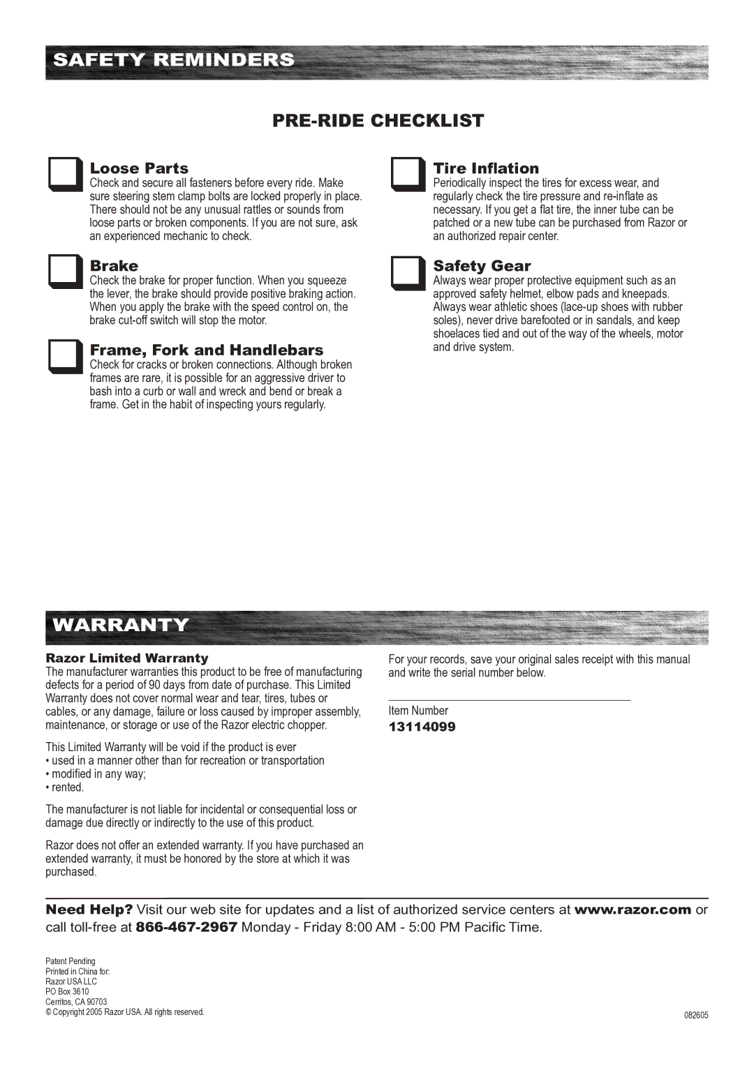 Razor E500S owner manual Safety Reminders, Warranty 