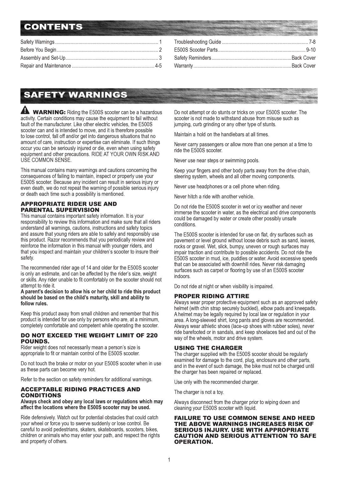 Razor E500S owner manual Contents, Safety Warnings 