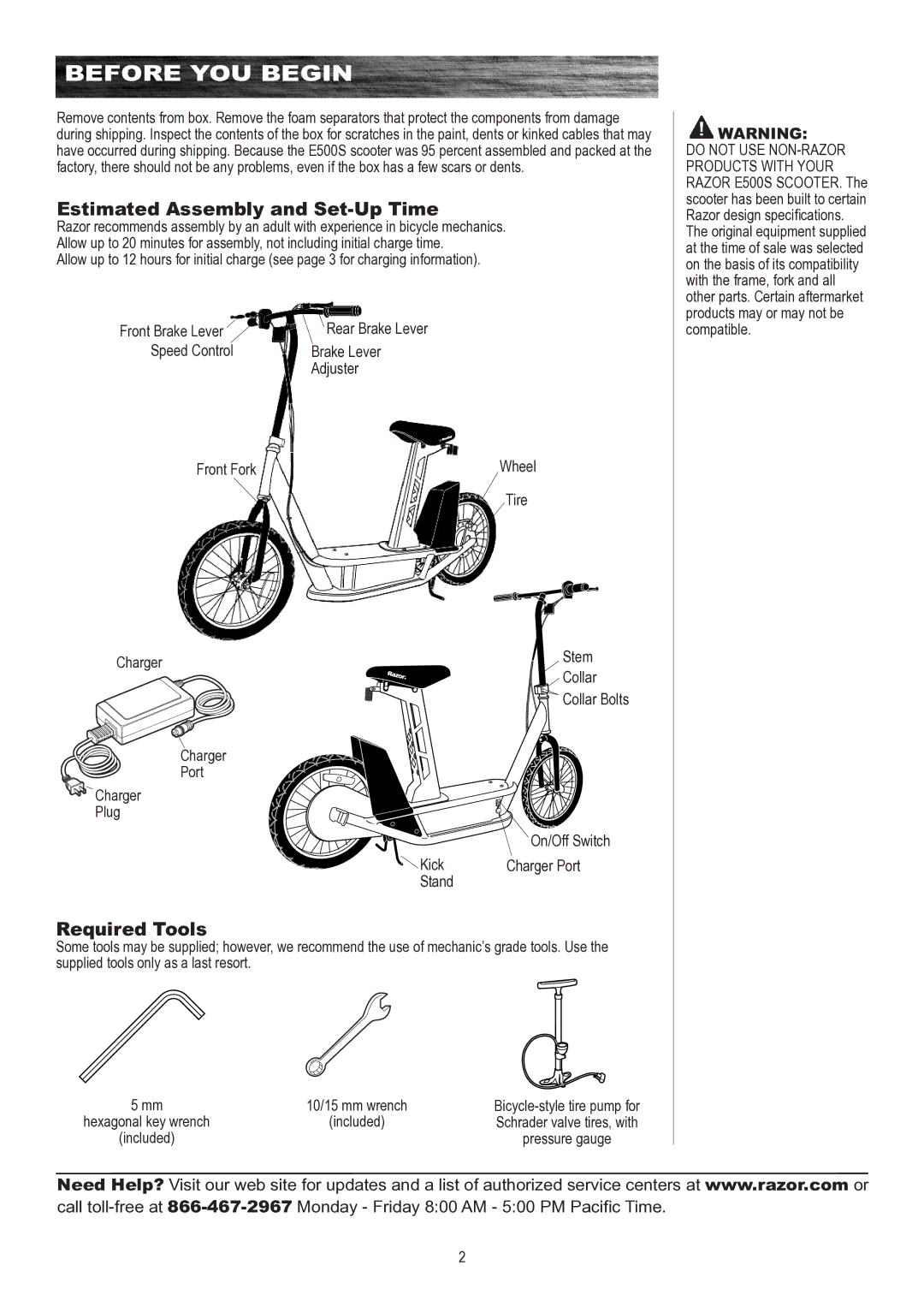 Razor E500S owner manual Before YOU Begin, Estimated Assembly and Set-Up Time, Required Tools 