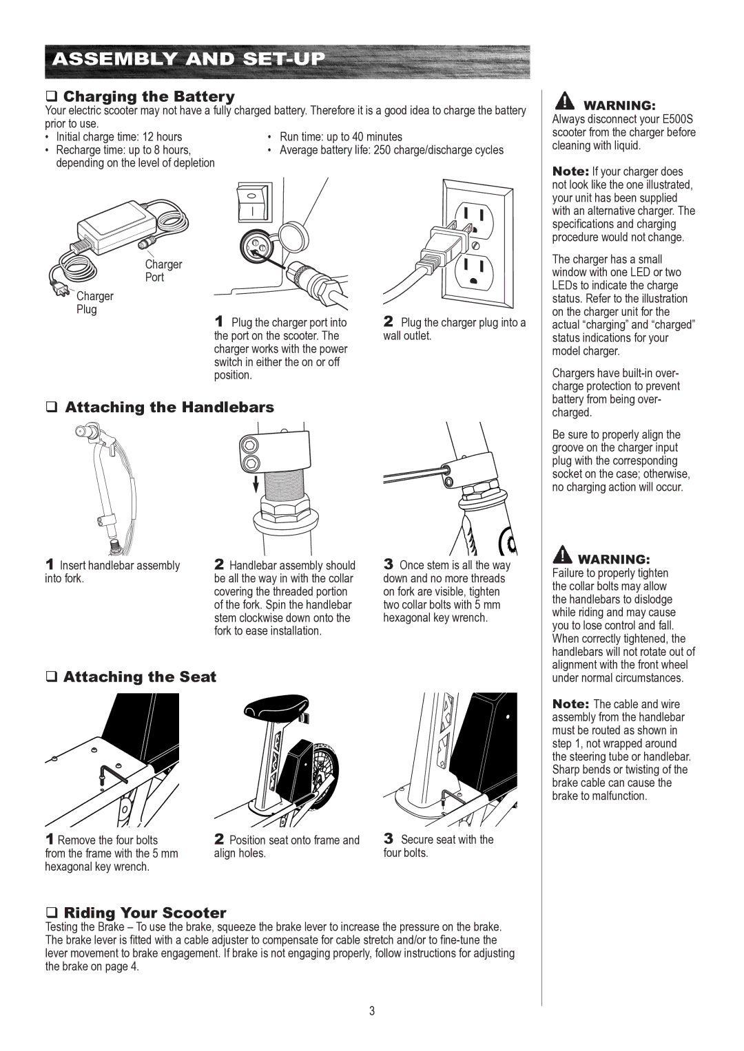 Razor E500S Assembly and SET-UP, Charging the Battery, Attaching the Handlebars, Attaching the Seat, Riding Your Scooter 