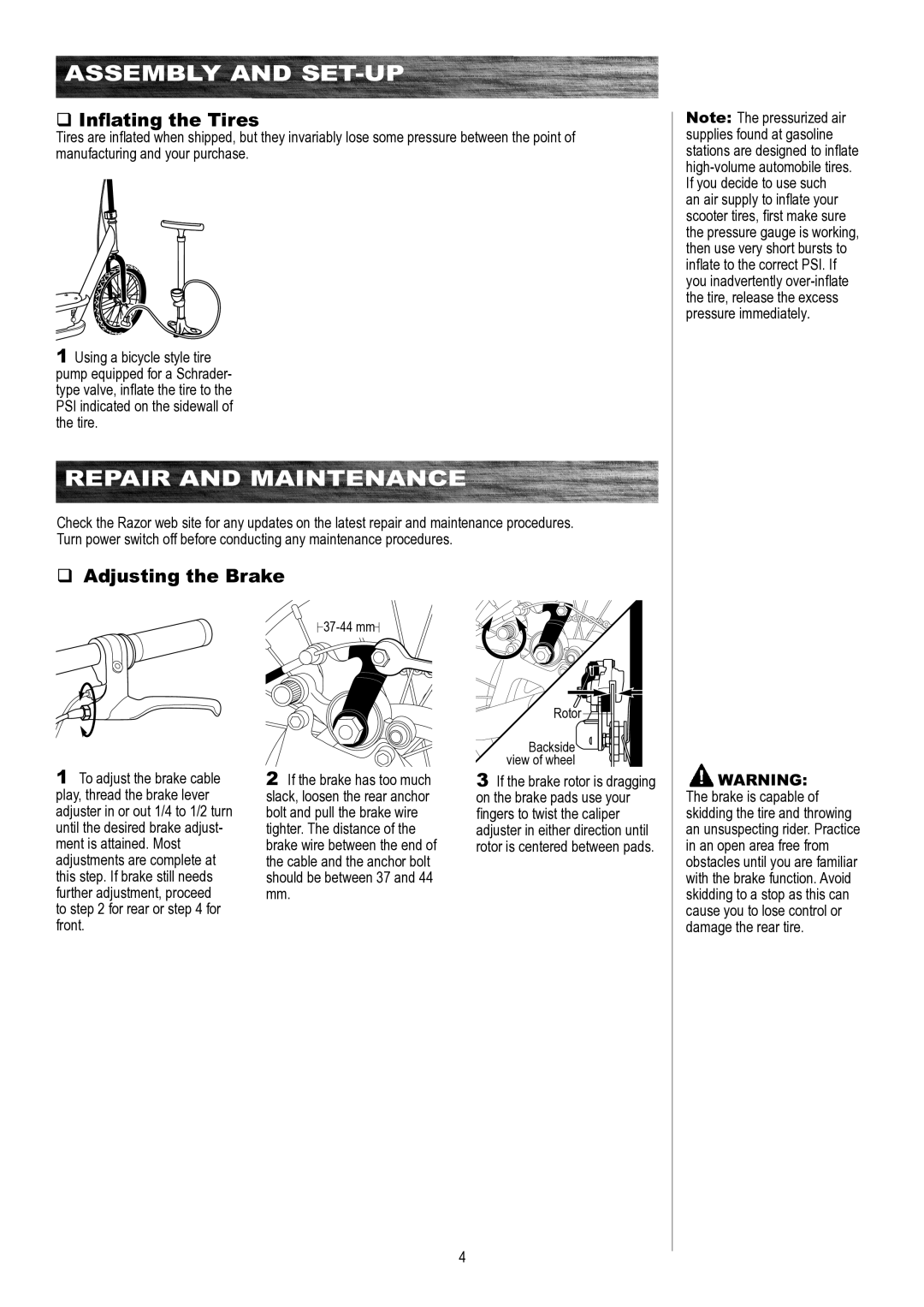 Razor E500S owner manual Repair and Maintenance, Inﬂating the Tires, Adjusting the Brake 