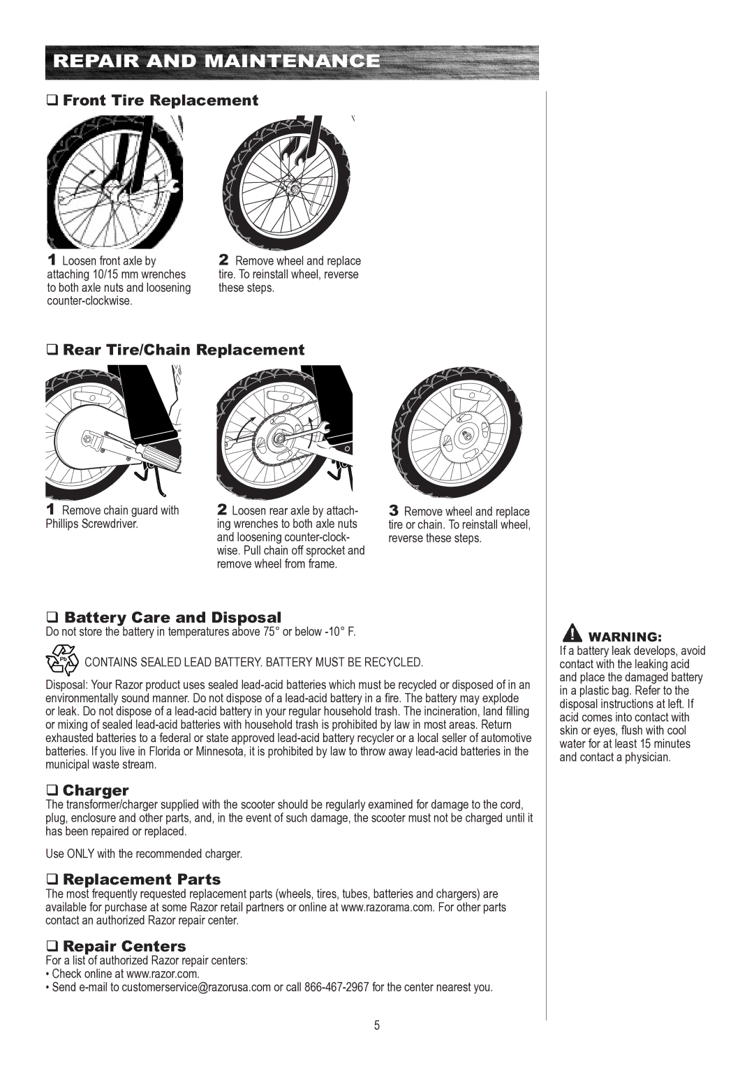 Razor E500S owner manual Front Tire Replacement, Rear Tire/Chain Replacement, Battery Care and Disposal, Charger 