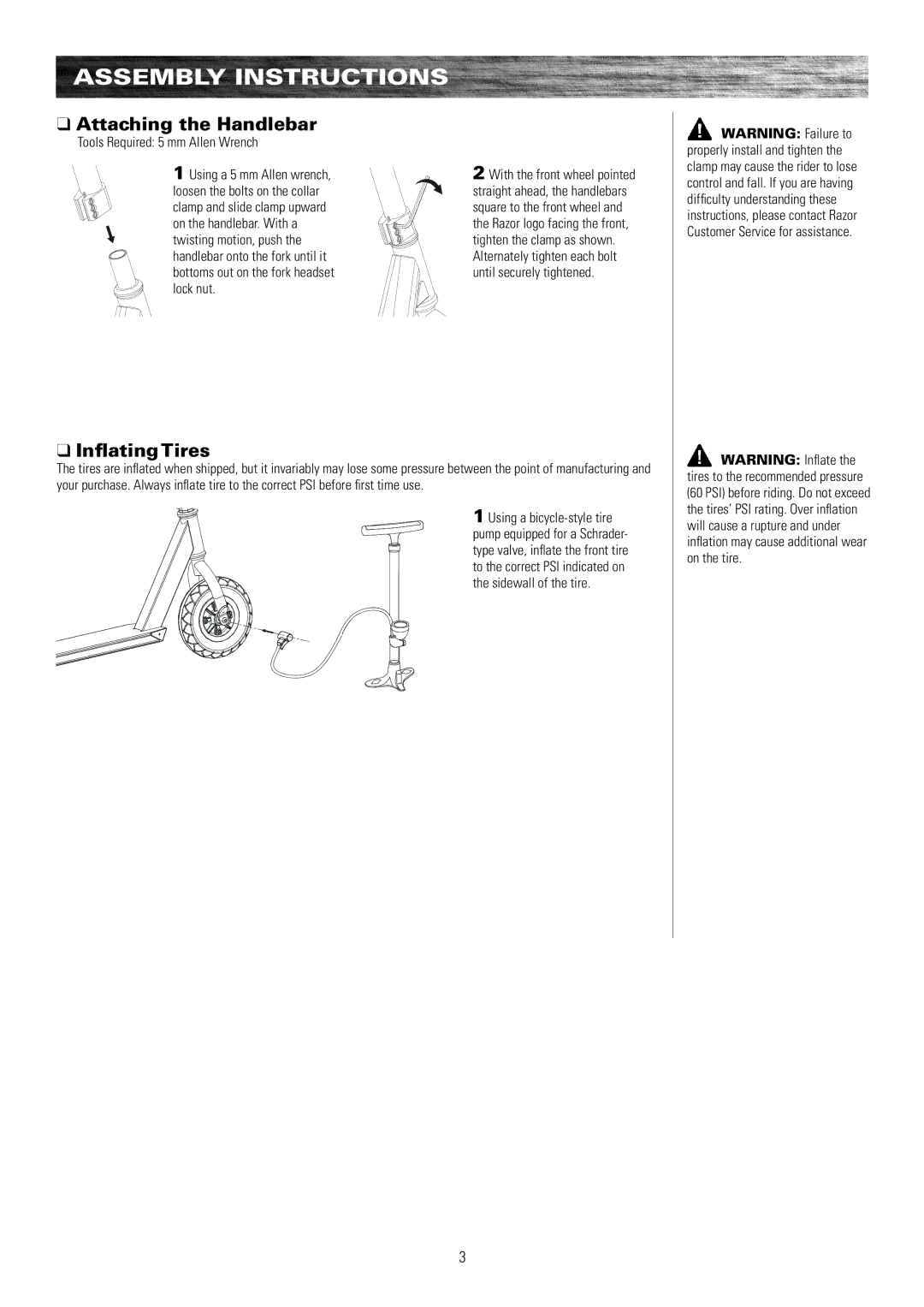 Razor EN_130402 Assembly instructions, Attaching the Handlebar, Inflating Tires, Tools Required 5 mm Allen Wrench 