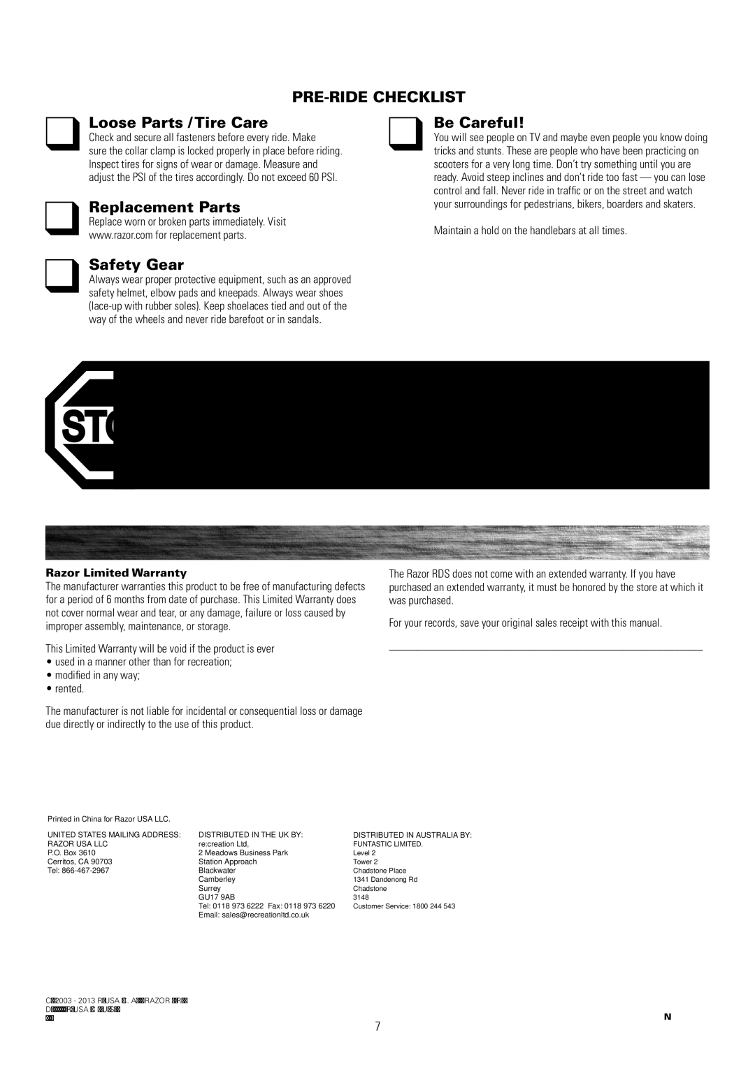 Razor EN_130402 owner manual Safety reminders, Warranty, Customer Service Info 