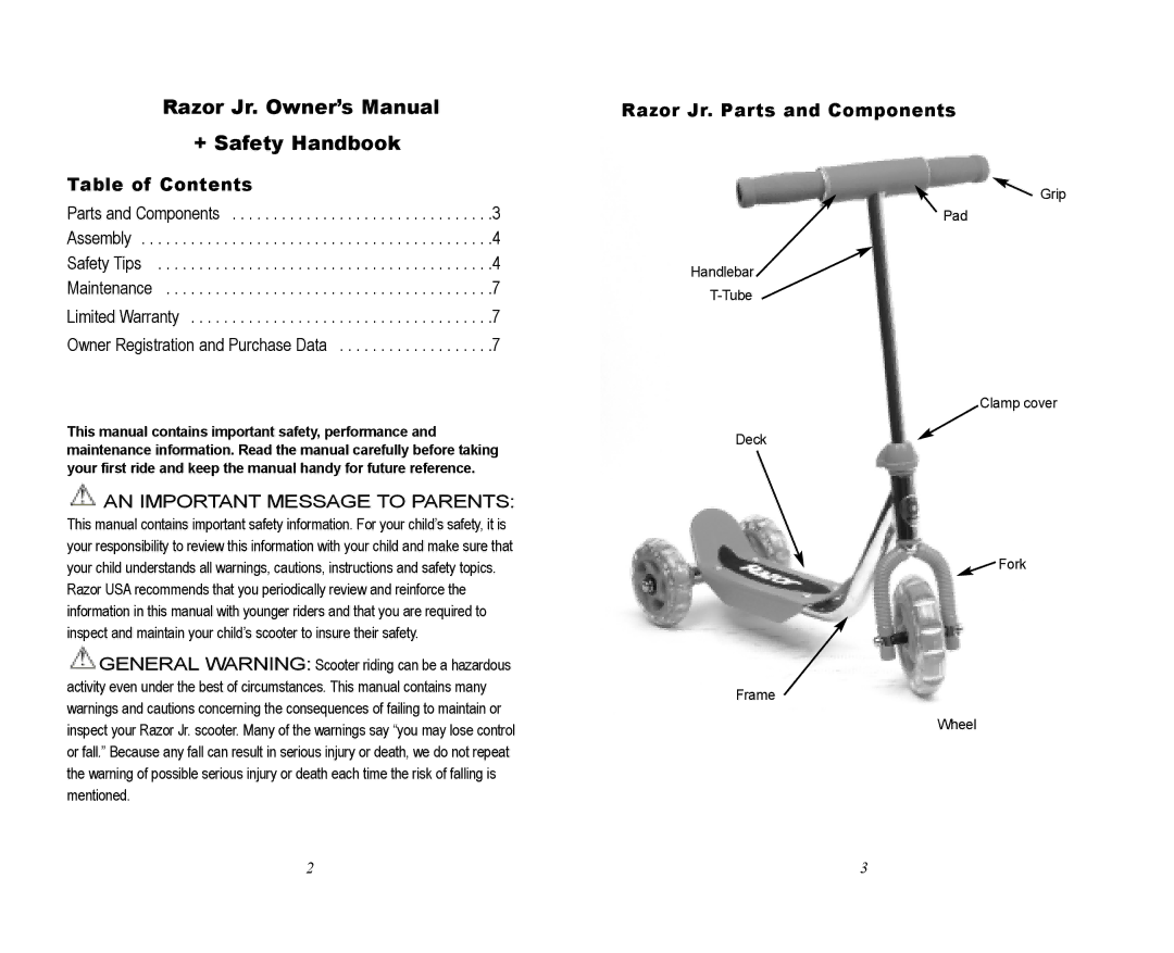 Razor specifications Table of Contents, Razor Jr. Parts and Components 