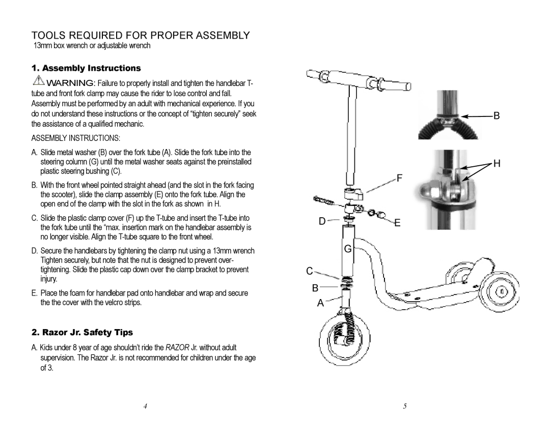 Razor specifications Assembly Instructions, Razor Jr. Safety Tips 